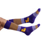 purple and gold stripe dress socks with Louisiana state on the ankle.