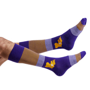 purple and gold stripe dress socks with Louisiana state on the ankle.