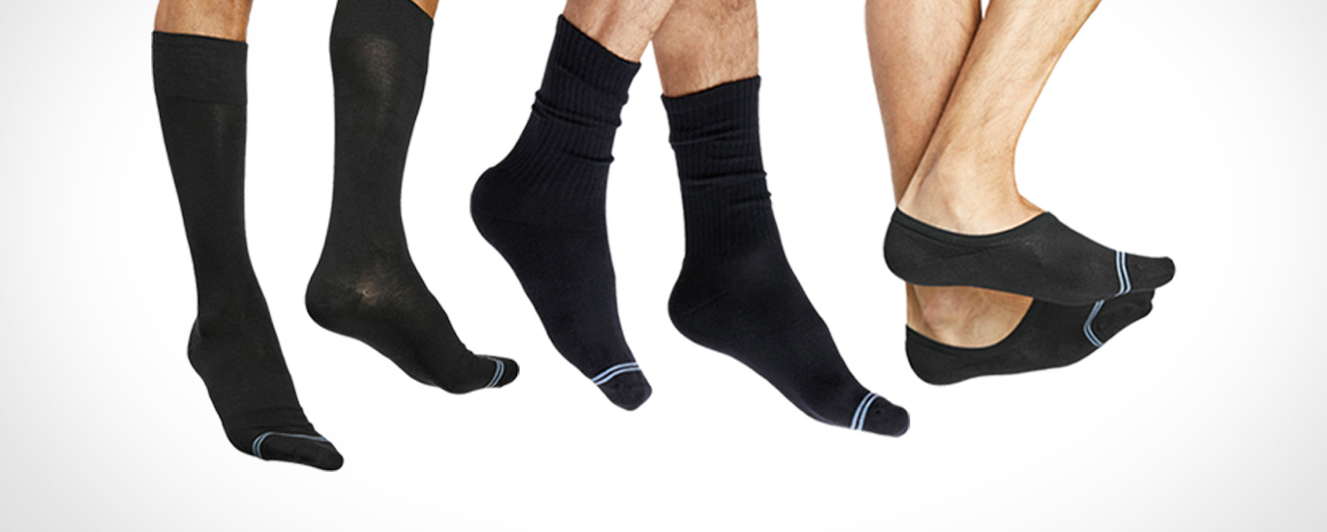 Black socks displayed on feet against a white background