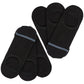 6 pairs black no show socks laying flat in V pattern with two thin light blue stripes over toes