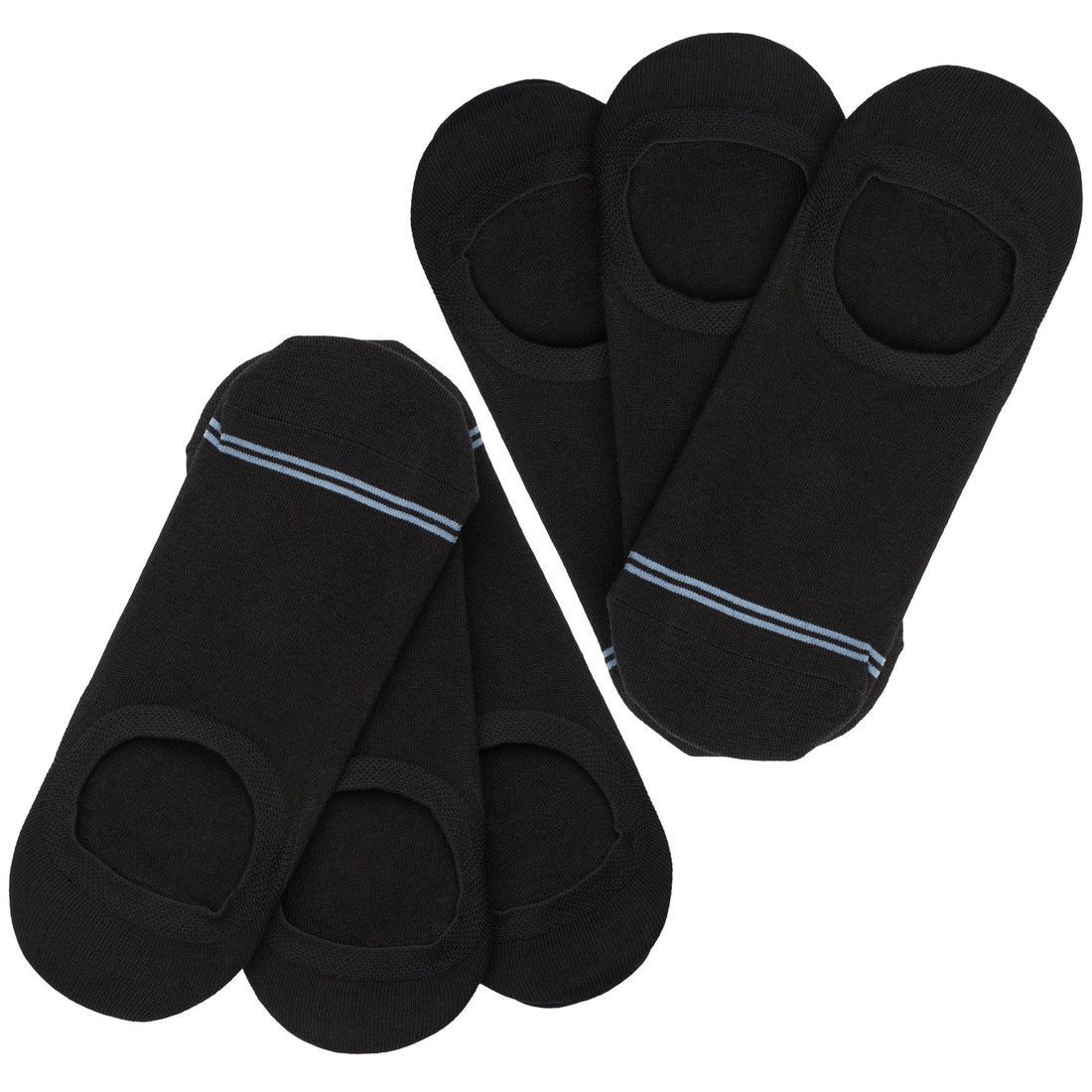 6 pairs black no show socks laying flat in V pattern with two thin light blue stripes over toes
