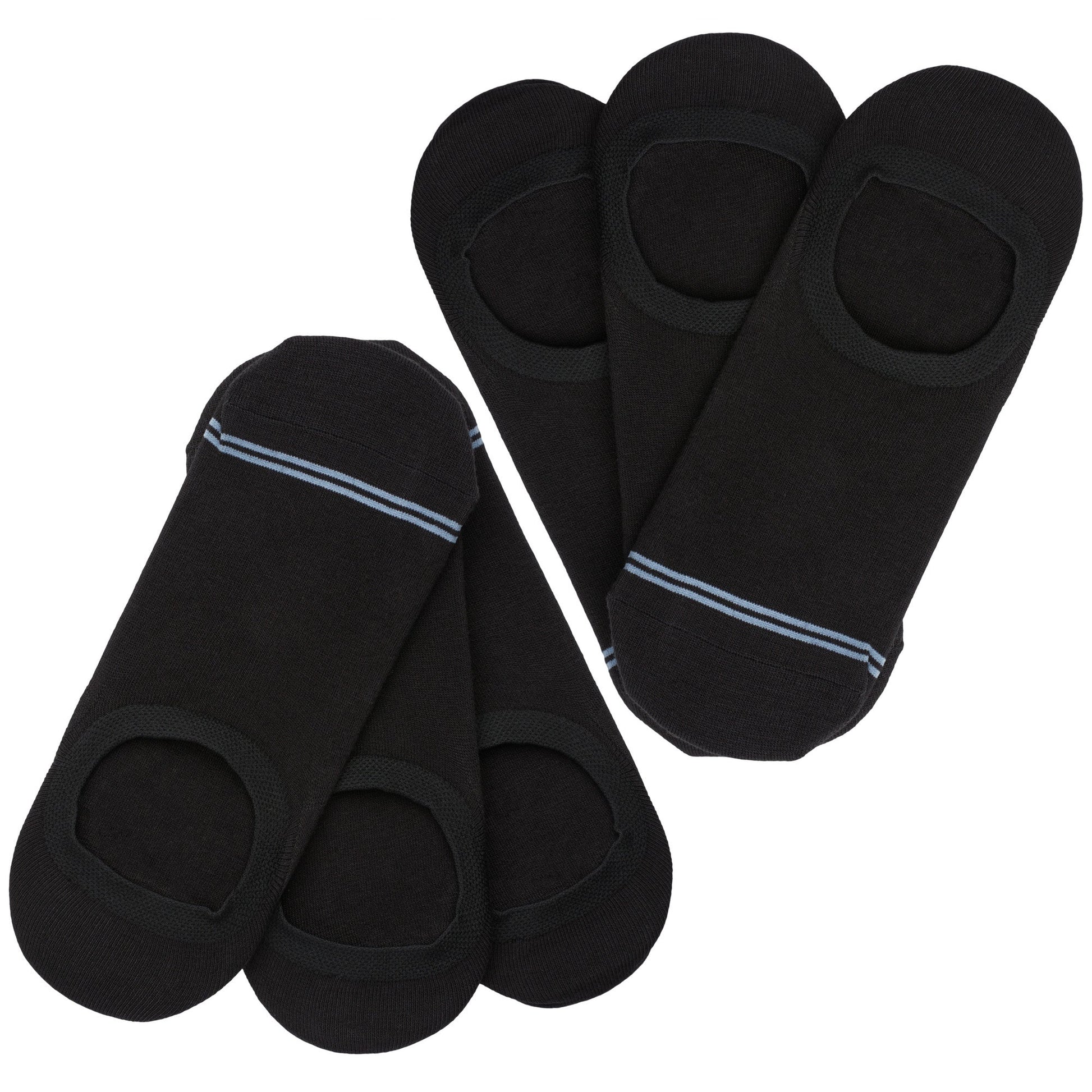 6 pairs black no show socks laying flat in V pattern with two thin light blue stripes over toes