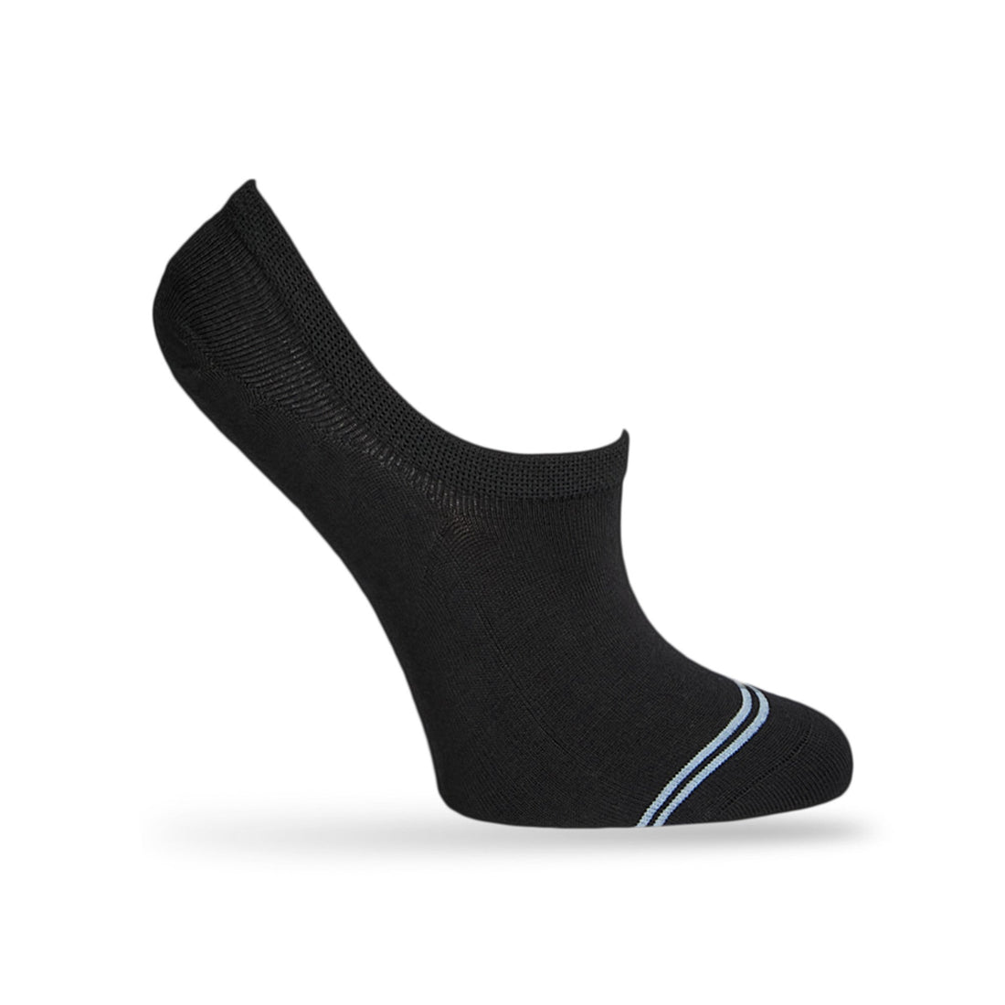 1 no show sock in solid jet black with a light blue double horizontal stripe over the toe being displayed on a mannequin