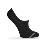 1 no show sock in solid jet black with a light blue double horizontal stripe over the toe being displayed on a mannequin