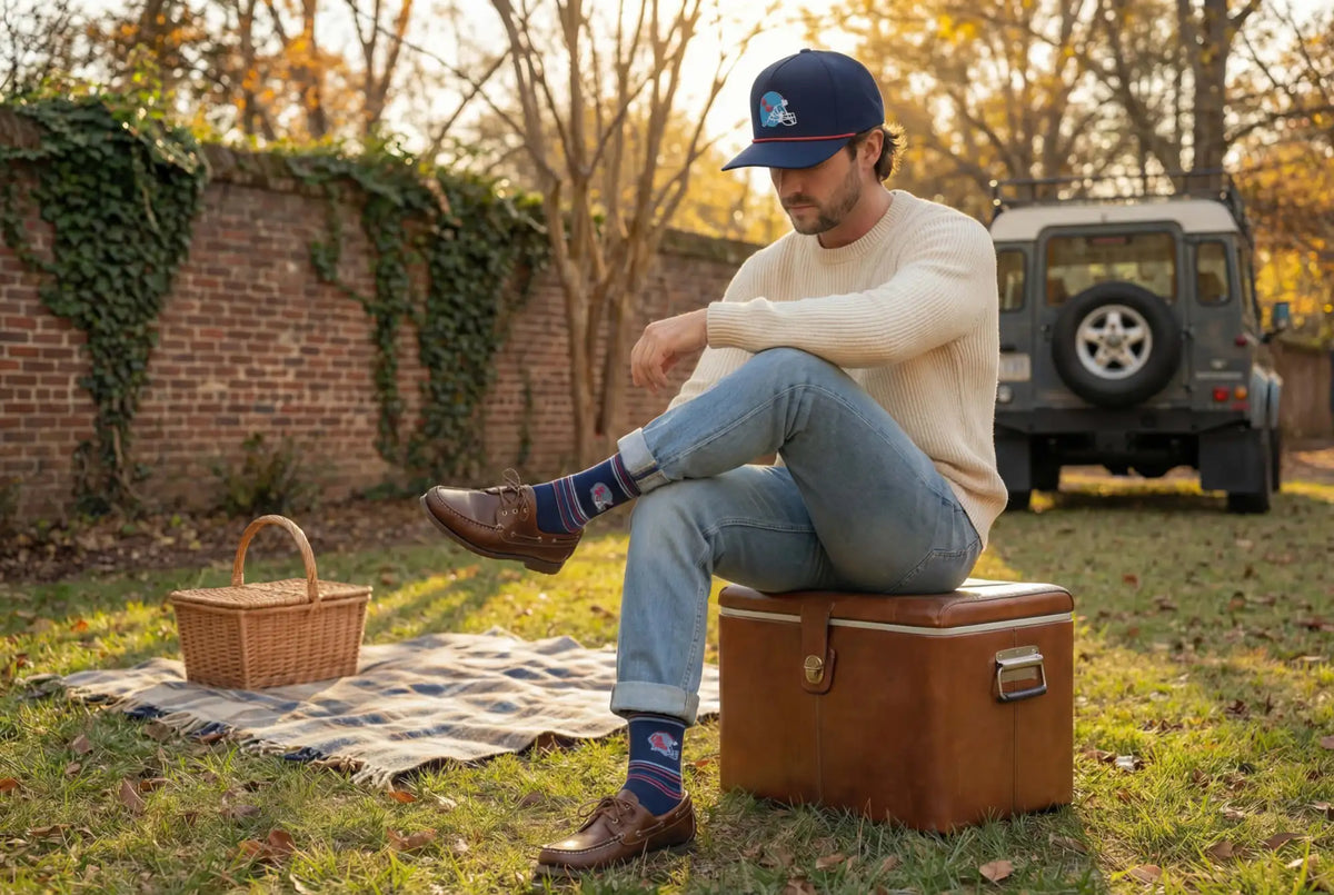 Man wearing navy blue baseball cap with logo, cream-colored knit sweater, light-wash denim jeans, and brown leather loafers.