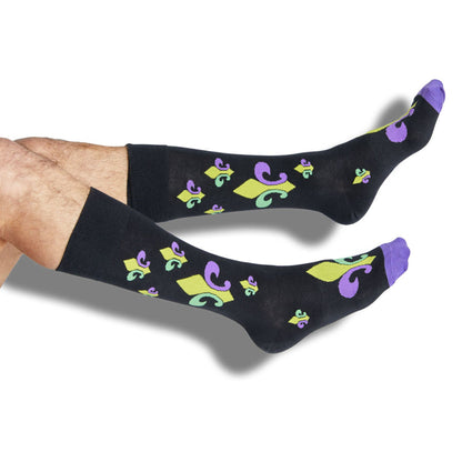 black dress socks with large Fleur de lis designs on legs