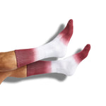 white casual socks with maroon dip dye design on the leg and toe