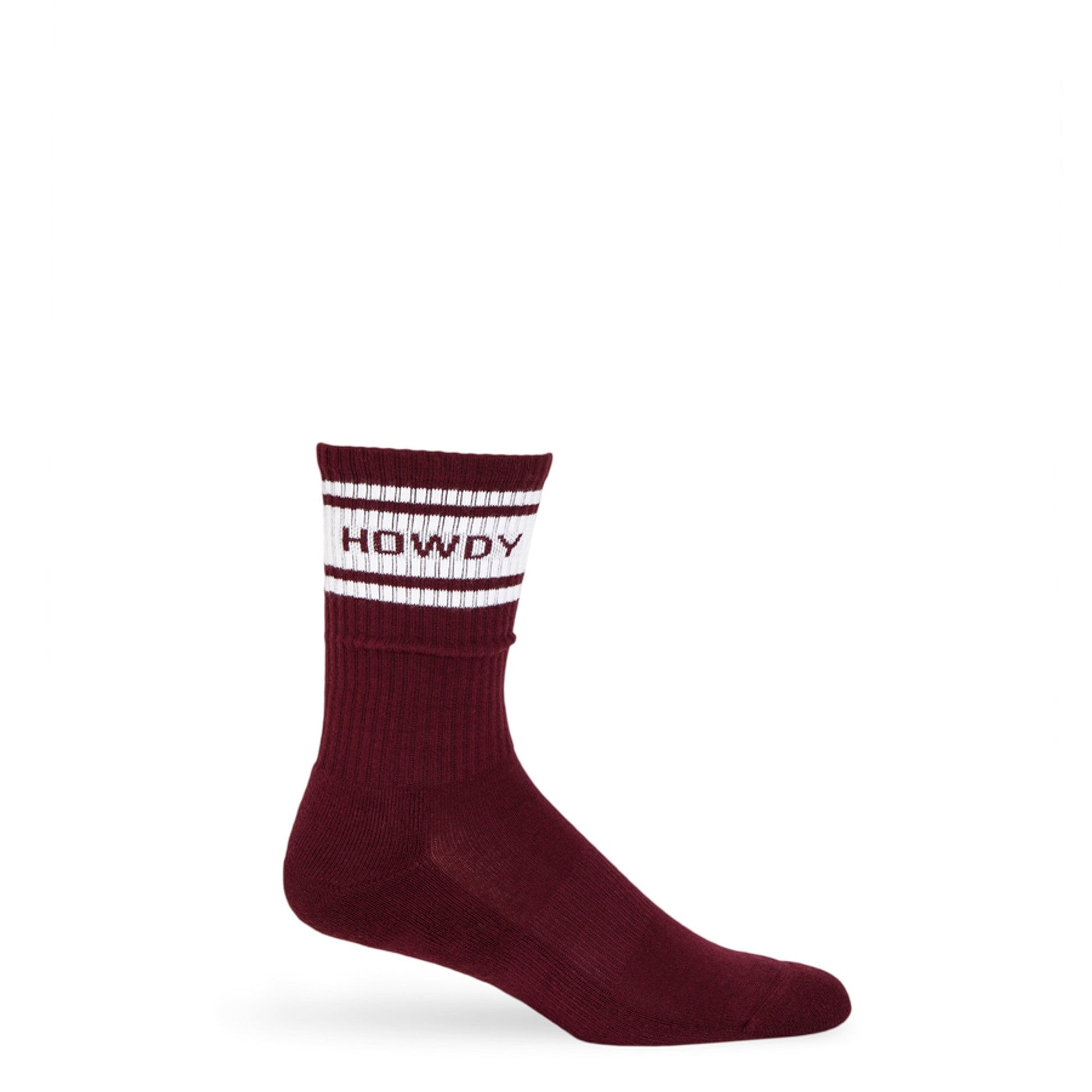 Maroon Retro Howdy Casual Crew Socks with vintage Howdy design on a mannequin
