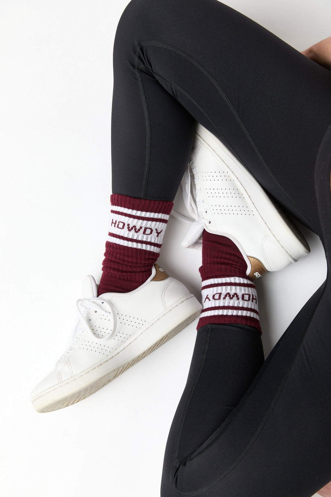 Maroon Retro Howdy Casual Crew Socks with vintage Howdy design from overhead