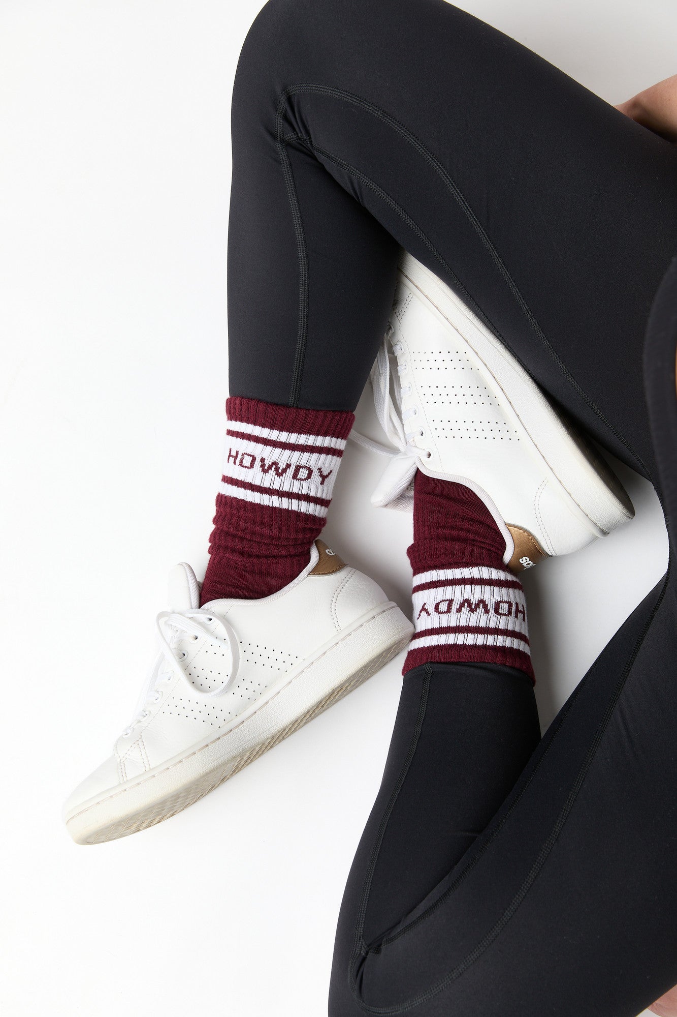 Maroon Retro Howdy Casual Crew Socks with vintage Howdy design from overhead