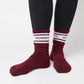 Maroon Casual Crew Socks with white retro stripes and ' Howdy ' text on the leg.