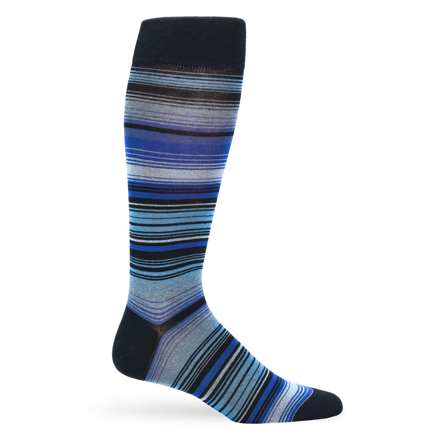 Blue striped dress sock displayed upright against white background.