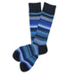 Blue striped dress sock laid flat showing full-length stripe pattern and detailing.