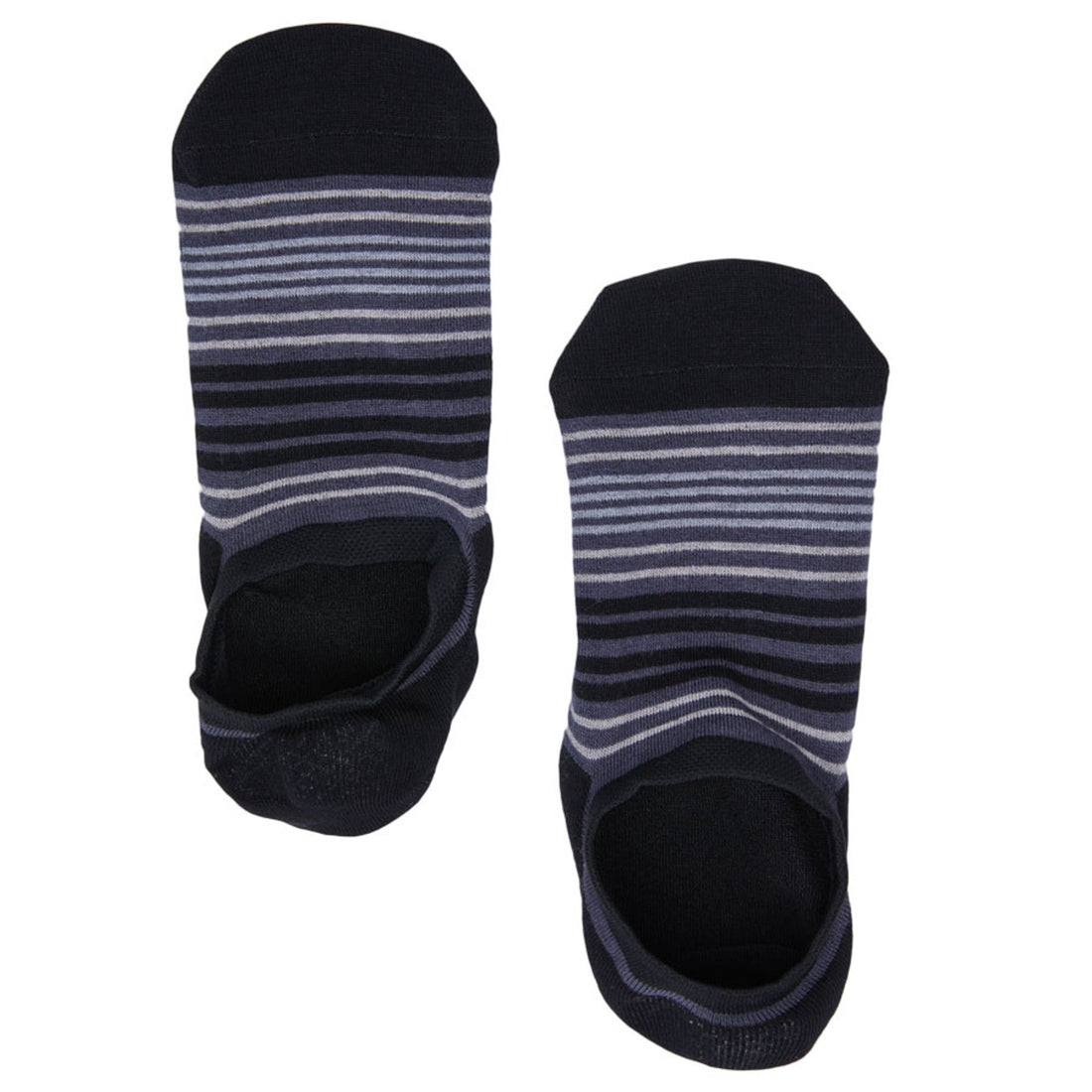 1 pair of monochromatic greyscale stripe no show socks shown over the top