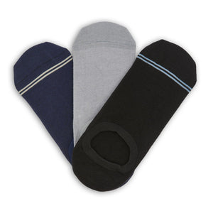 3 pairs of no show socks black, grey, and navy laid flat in a v shape