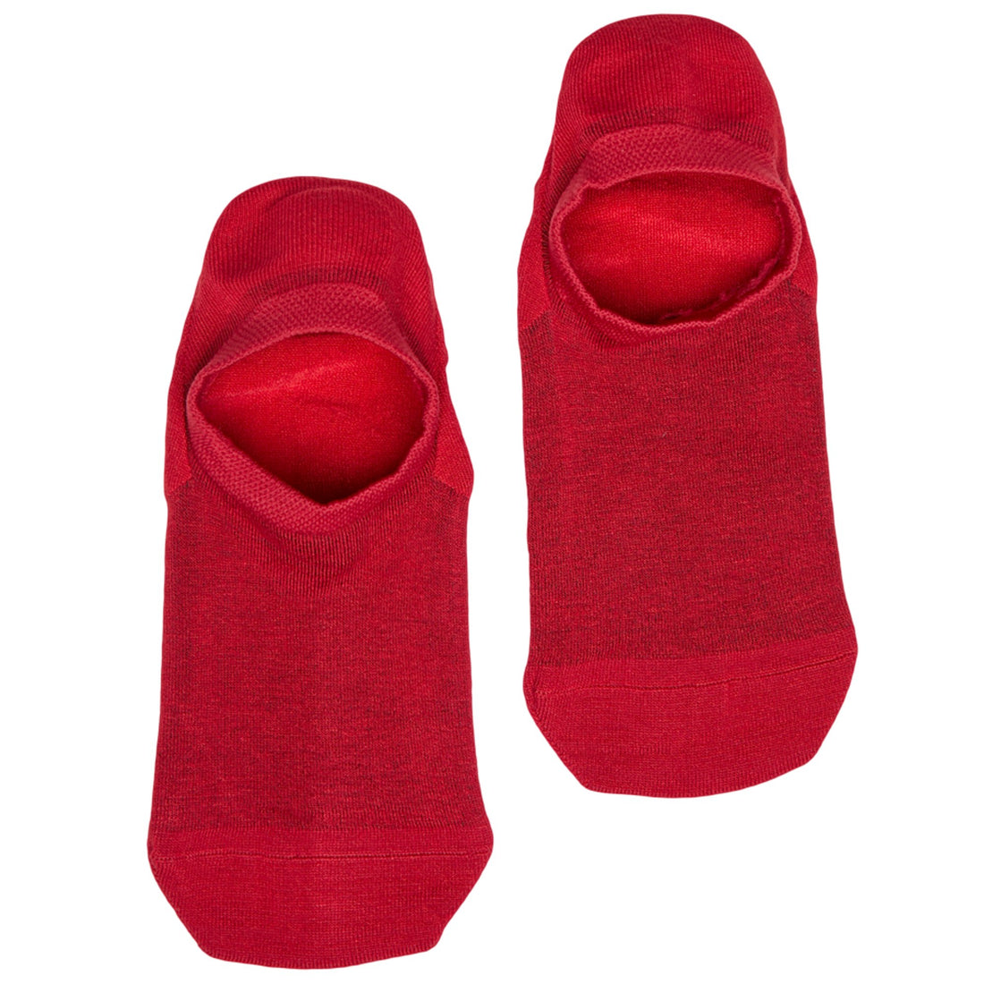 1 pair of no show socks lay flat side by side solid red darker red throughout the sock solid bright red in the heel and toe