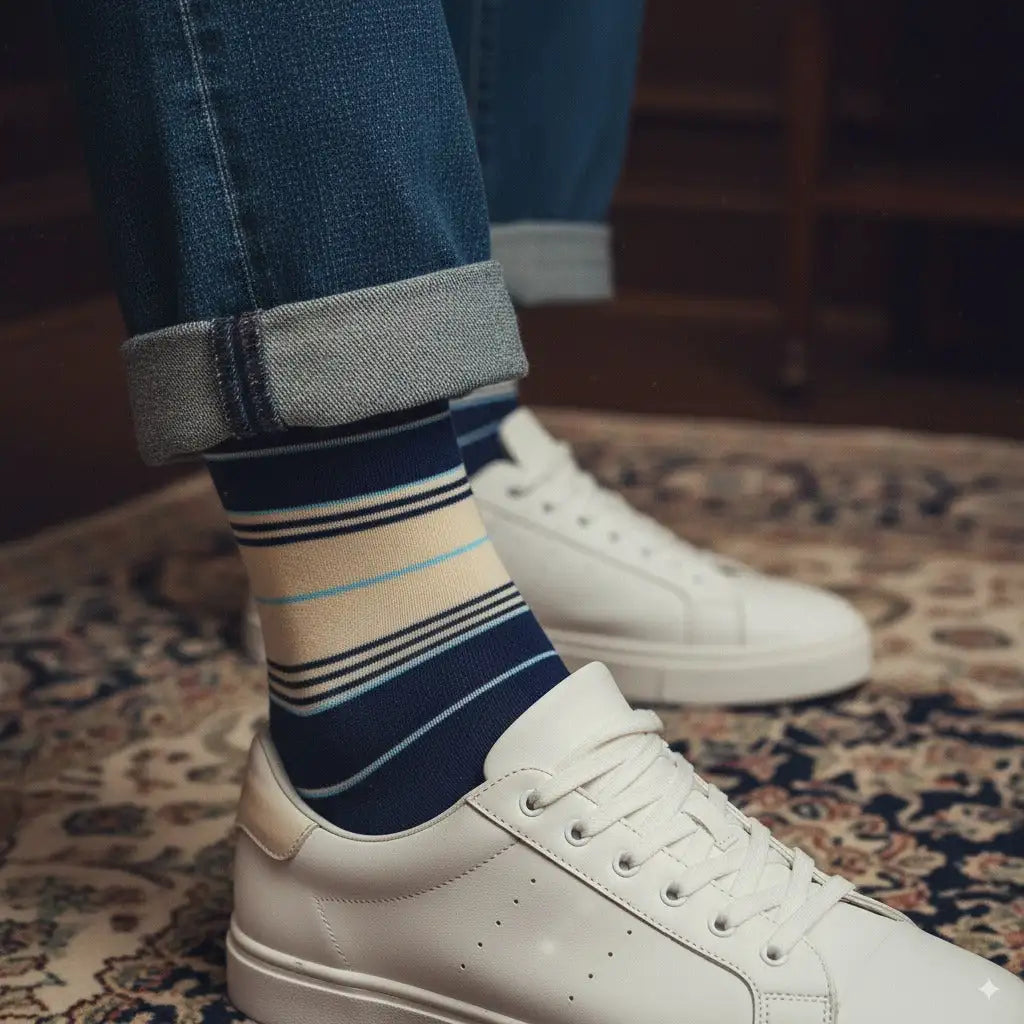 Navy blue and beige striped socks with light blue accents worn with rolled-up denim jeans.