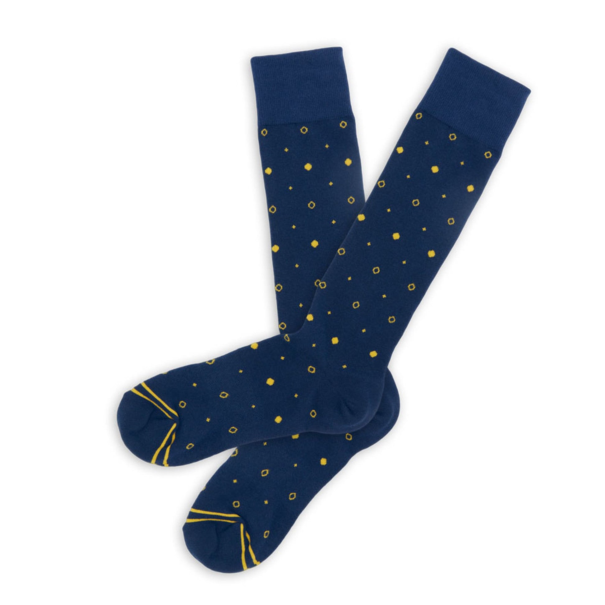 Navy dress Navy dress socks with gold dots and a gold accent stripe on the toe socks with gold dots lay flat