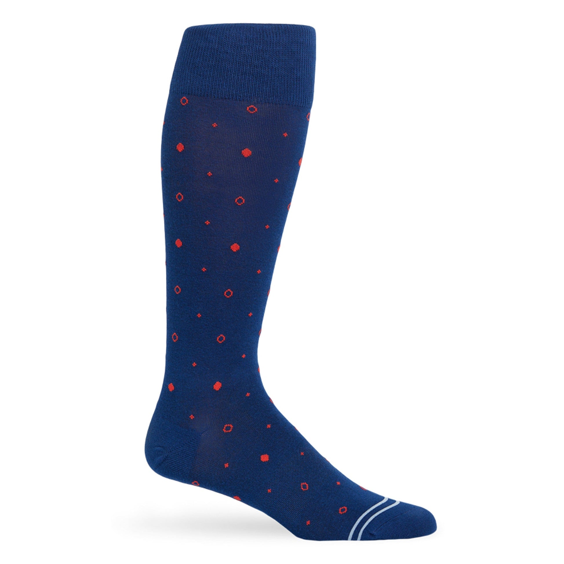 Navy and red dot dress socks with two powder blue accent stripes on the toe.