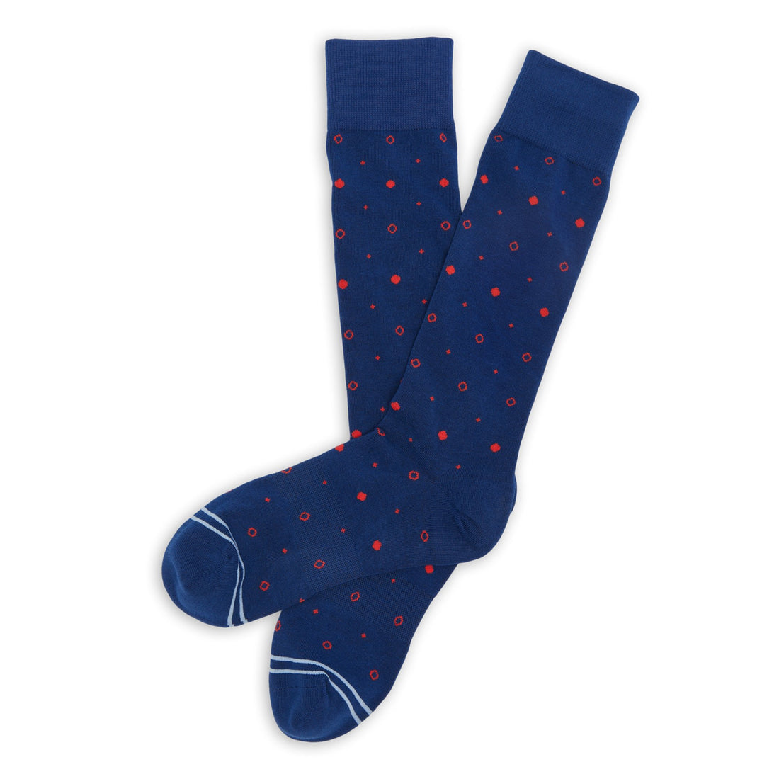 Navy and red dot dress socks with two powder blue accent stripes on the toe laid out flat.