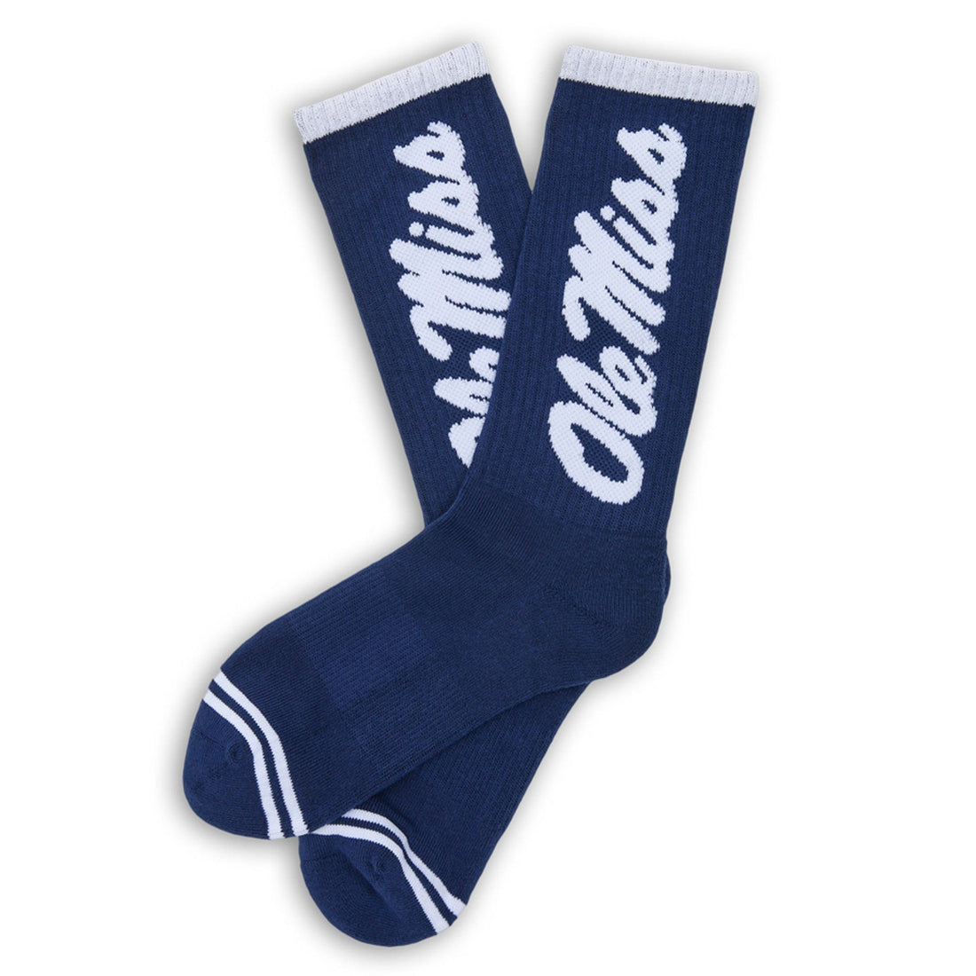 Navy casual crew socks with Ole Miss going up the leg in white.