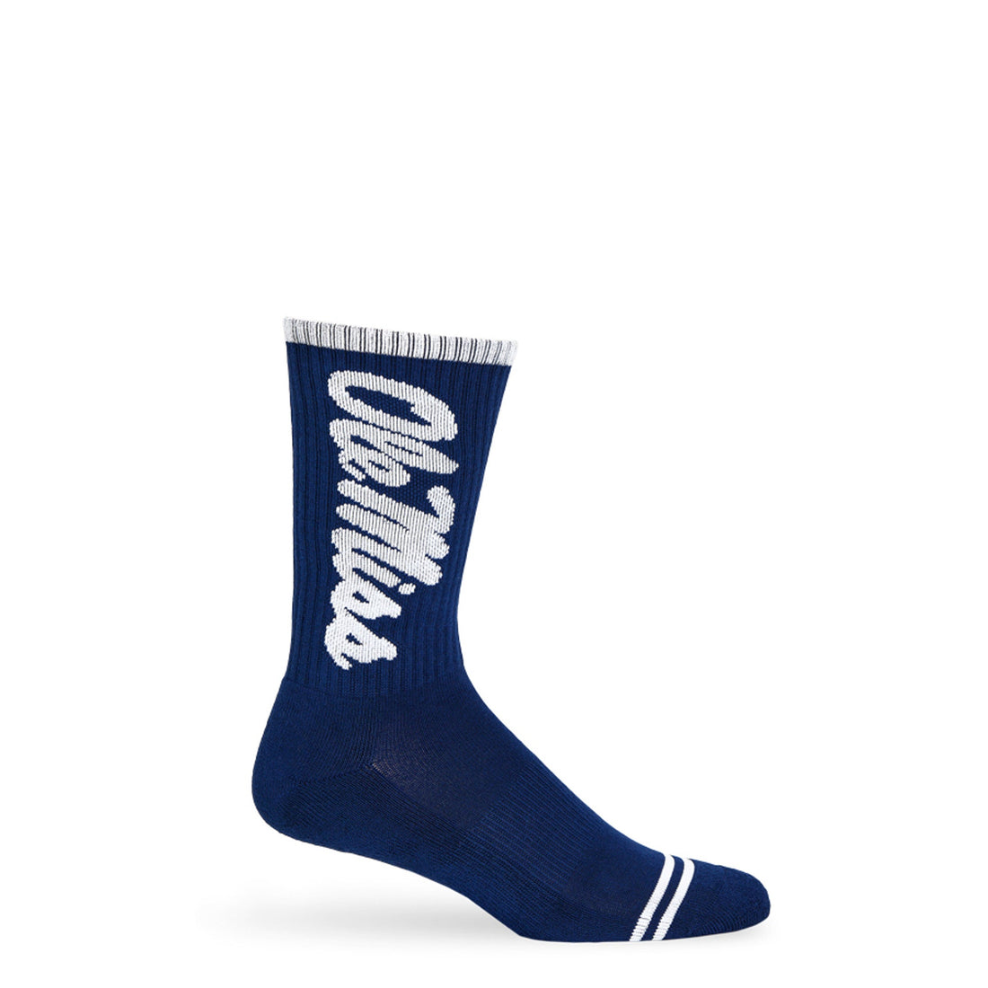 Navy casual crew socks with Ole Miss going up the leg in white.