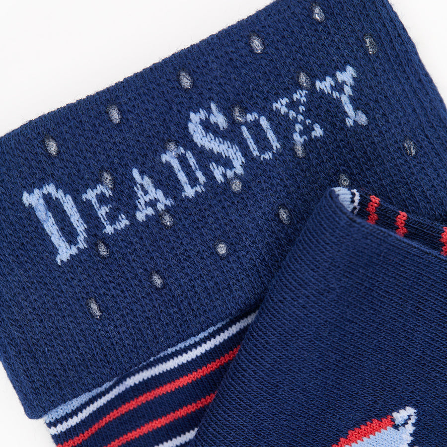 Navy blue socks with 'DeadSoxy' text and colorful accents on a white background