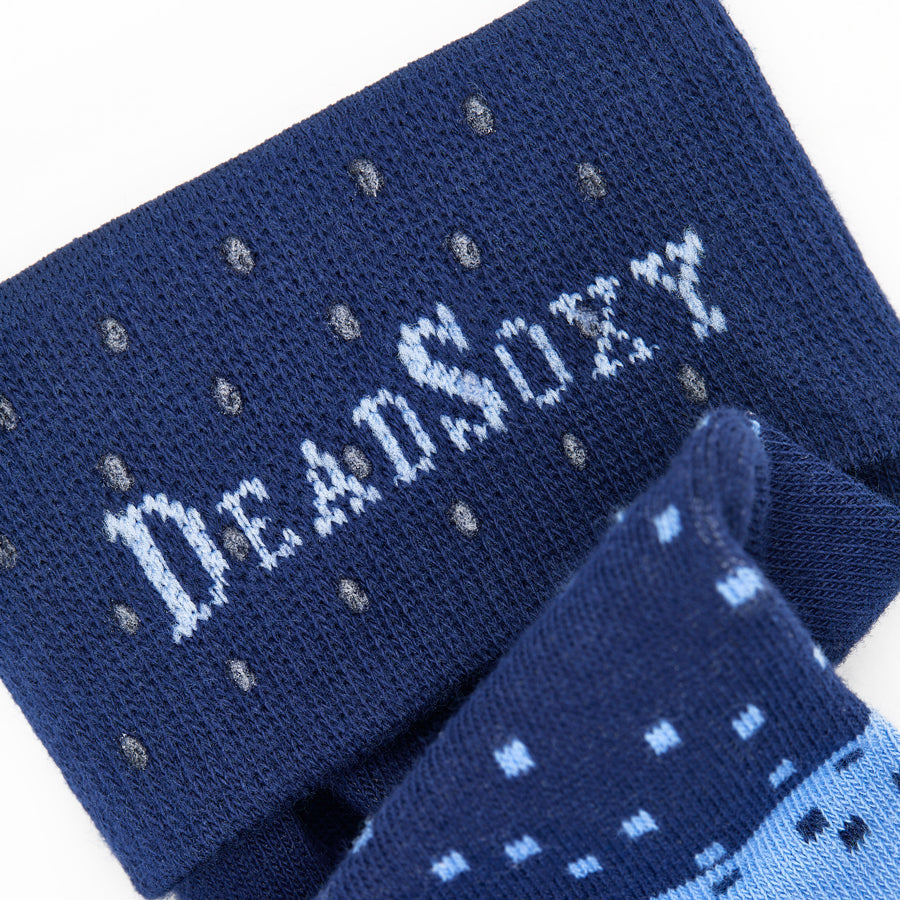 Blue sock with 'DEADSOX' branding on a white background