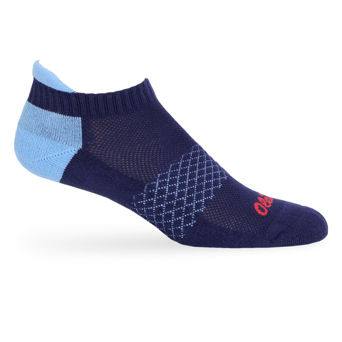 Navy Ankle socks with powder blue heel and Ole Miss on the toe.