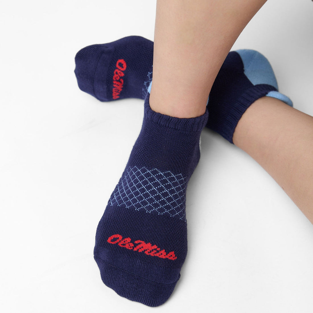 Navy ankle socks with Ole Miss script on the toe
