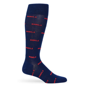 Navy dress socks with REBELS in text in an all over pattern.
