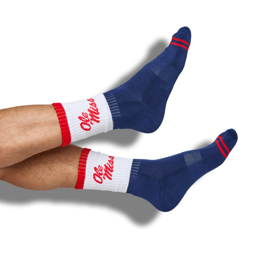 Navy and White 50/50 design with Ole Miss script on the side of the calf shown on male legs.