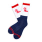 Navy and White 50/50 design with Ole Miss script on the side of the leg laid out flat.