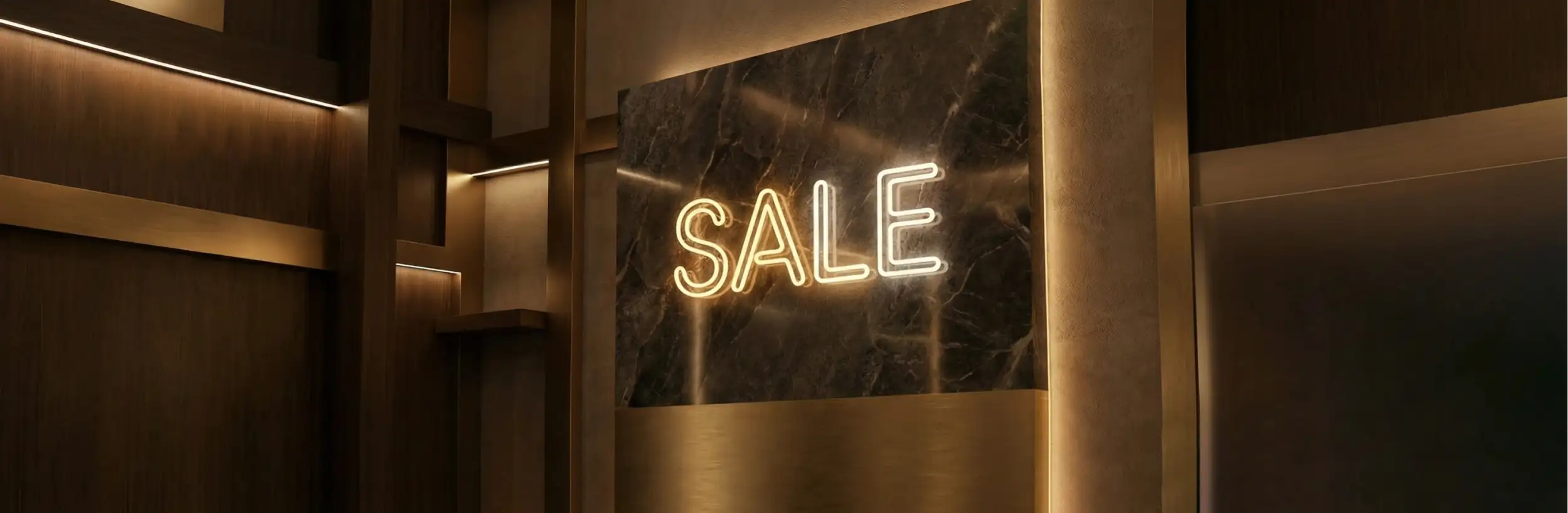 A glowing neon ’sale’ sign with a warm yellow light, mounted on a dark marble wall.