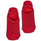 Lay flat no show sock in red with blue and white geometric pattern and navy blue for the toe