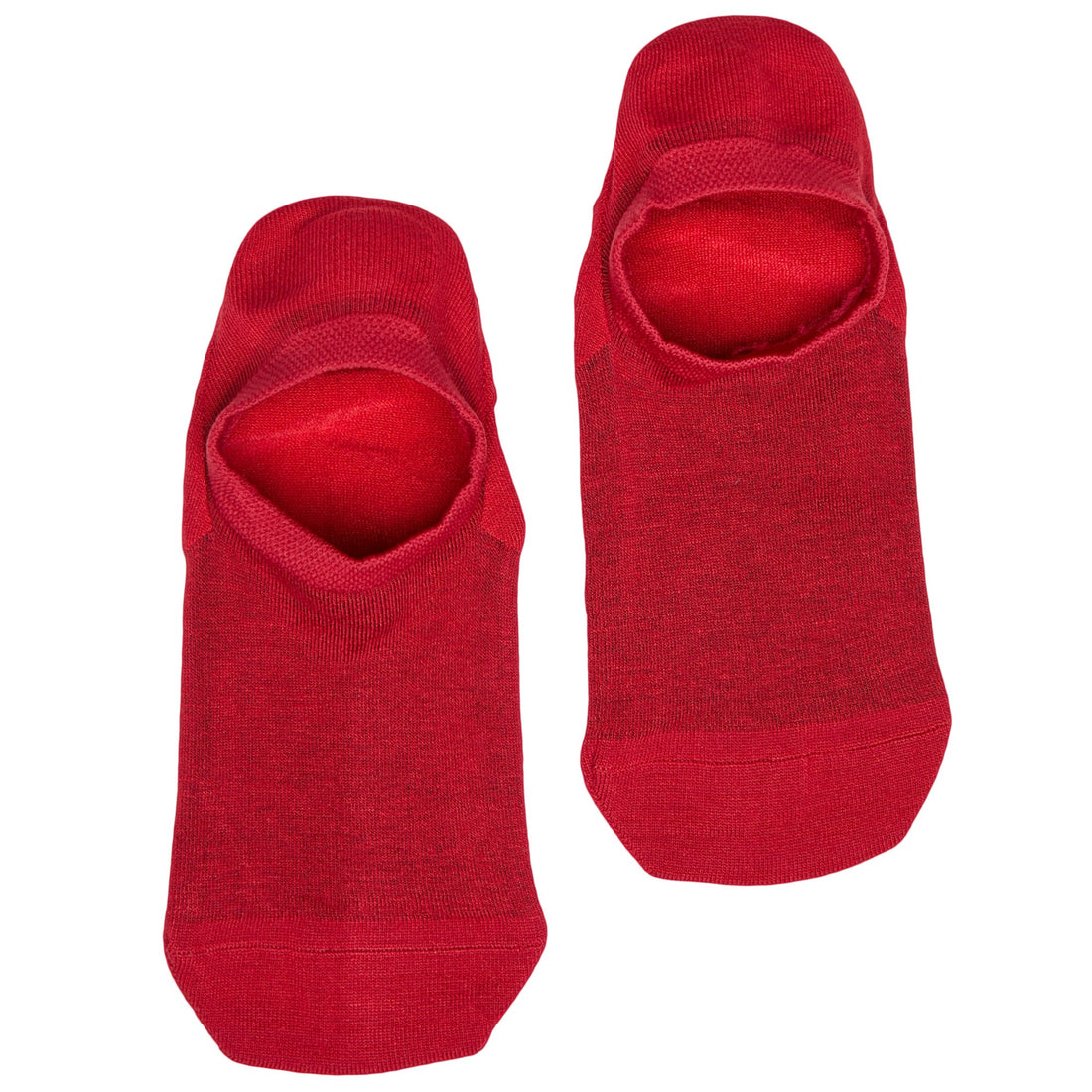 Lay flat no show sock in red with blue and white geometric pattern and navy blue for the toe