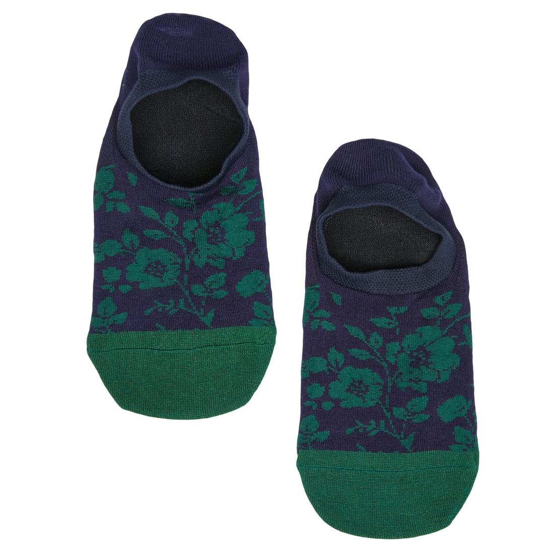 Lay flat no show sock in blue with a navy floral pattern and navy for the toe