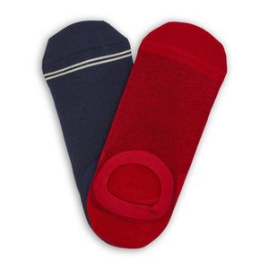 2 pair of no show socks lay flat in v shape 1 navy with grey double stripe 1 solid deep red