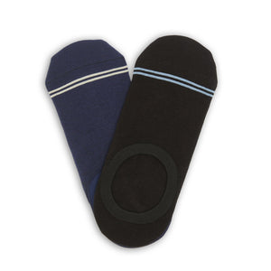 2 pair no show socks laid flat in a v shape a solid black with double blue stripe on toe solid and a solid navy blue with double grey stripe