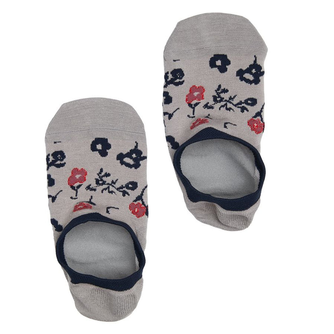 Lay flat no show sock in white  with a black and red floral pattern and black for the hem