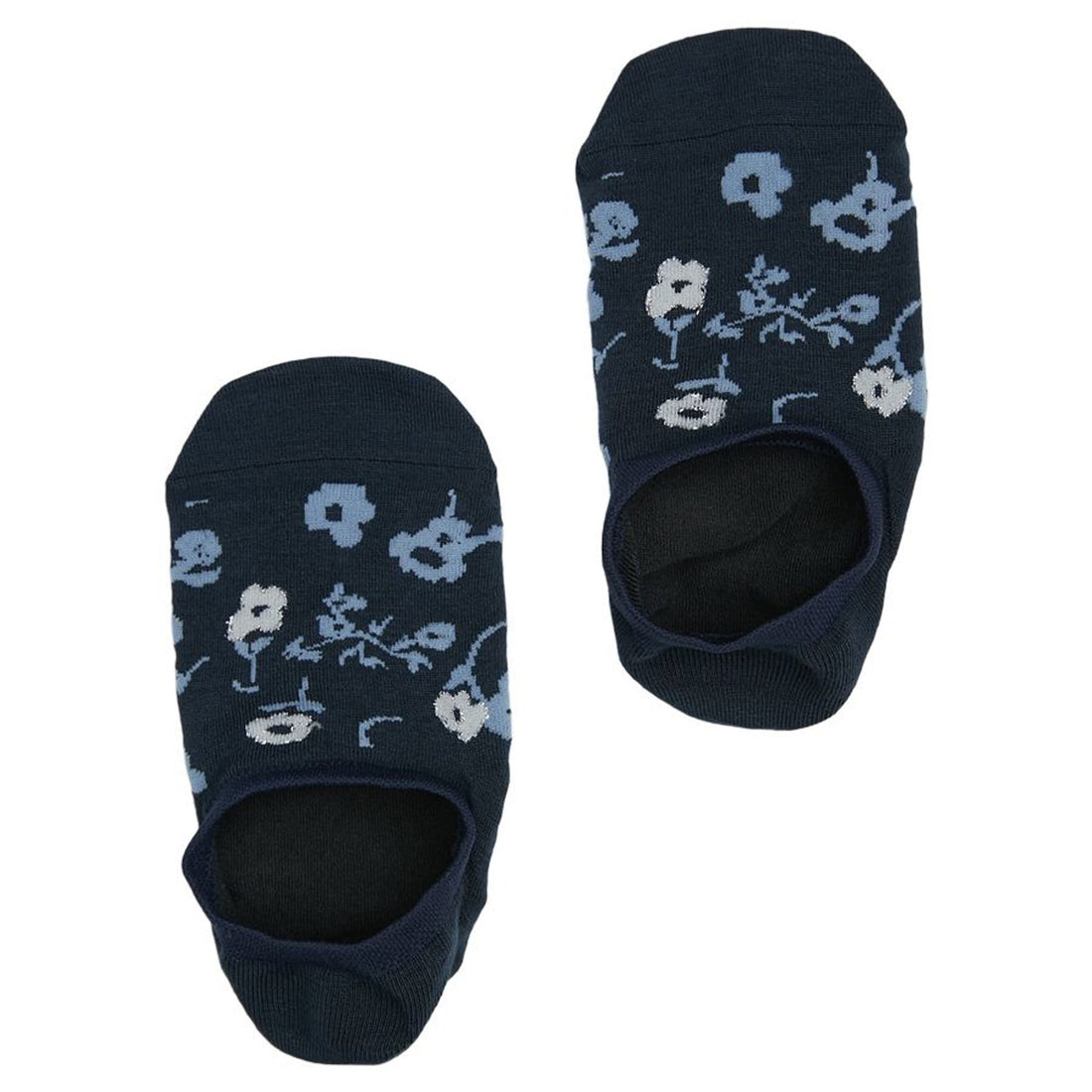 Lay flat no show in navy with a powder blue and white floral pattern