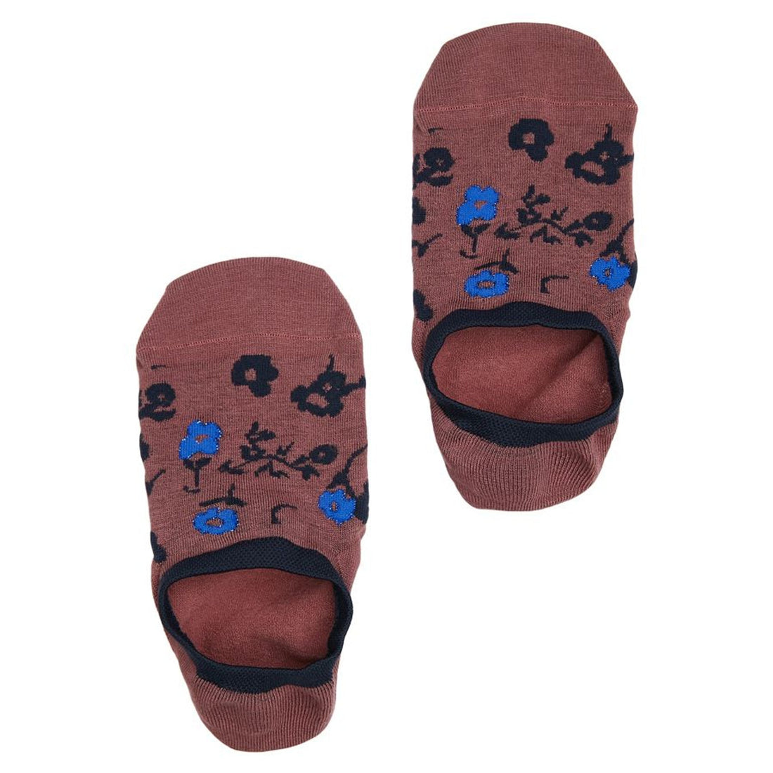 Lay flat no show sock in brown with a black and blue floral pattern
