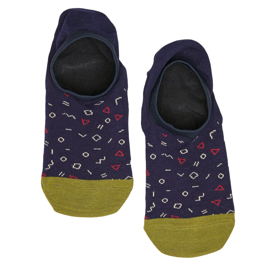 Lay flat no show sock in purple with tan and red geometric pattern with olive green for the toe