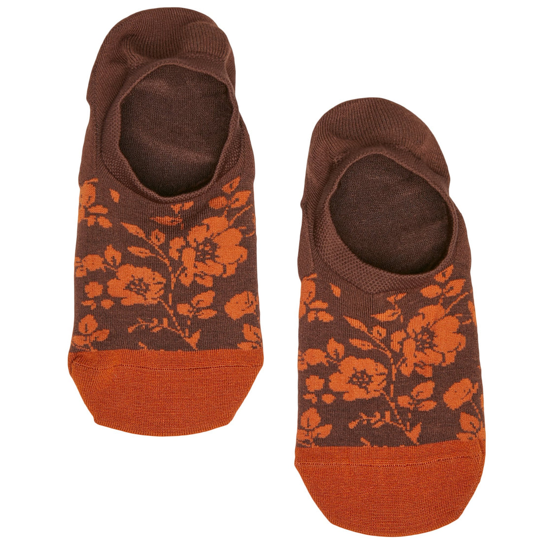 Lay flat no show sock in brown with an orange floral pattern and orange for the toe