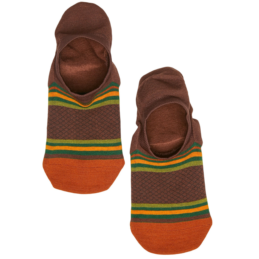 Lay flat no show sock in brown with light green, dark green, and orange stripes with orange for the toe
