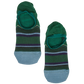 Lay flat no show sock in green with navy blue, powder blue, and black stripes with a black webbed pattern across the middle of the sock and powder blue for the toe