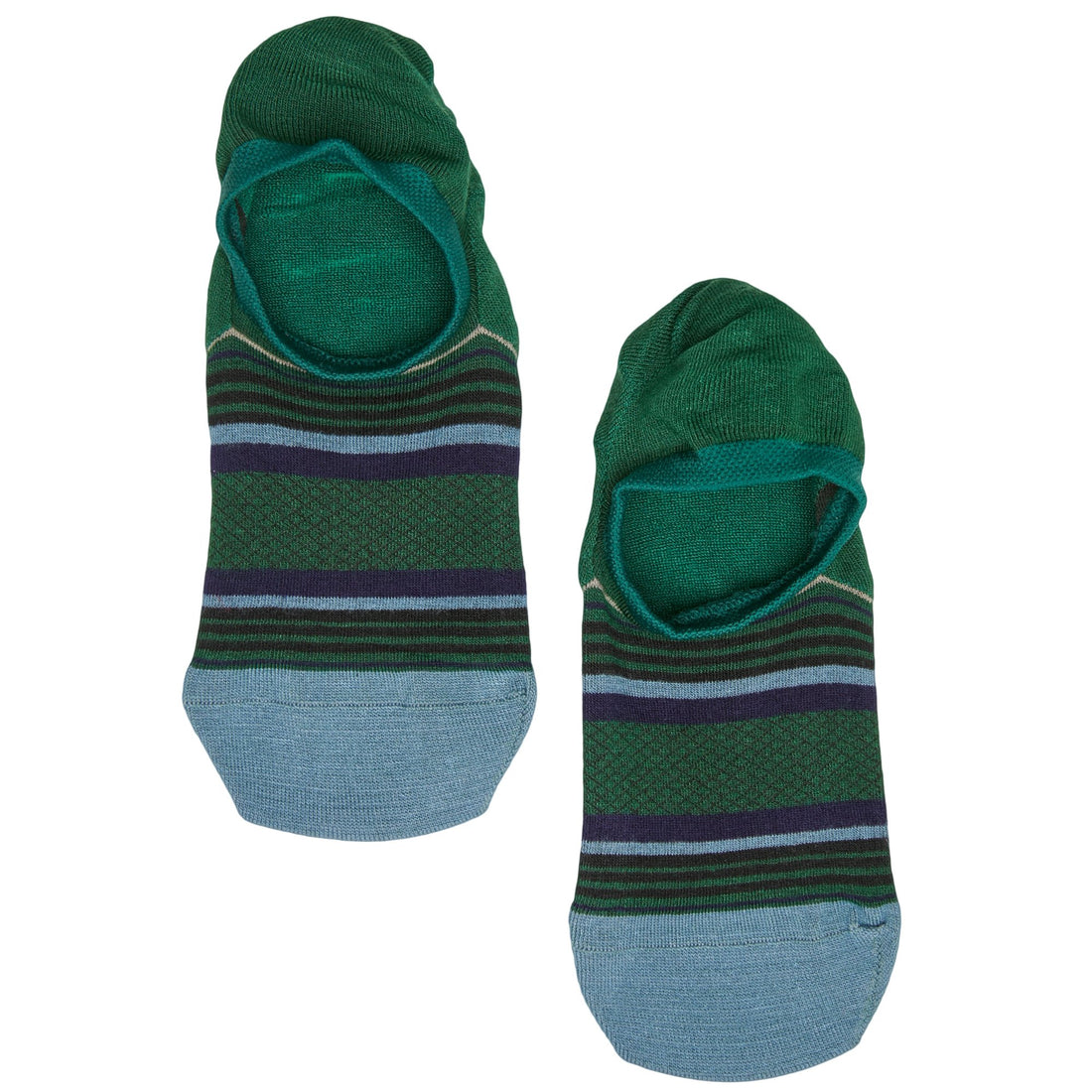 Lay flat no show sock in green with navy blue, powder blue, and black stripes with a black webbed pattern across the middle of the sock and powder blue for the toe
