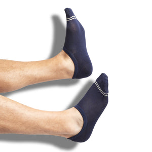 navy no-show socks with pink double stripe on the toe shown on legs