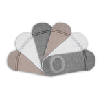 6 solid no show socks in beige, white, and grey with two accent lines around the toe.