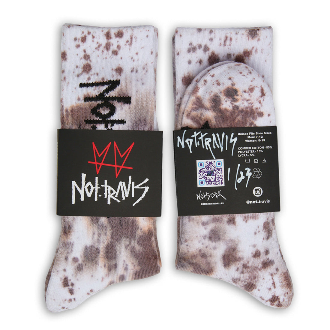 Not.Travis casual collab socks with brown tie dye design showing the signed label and authentication number.